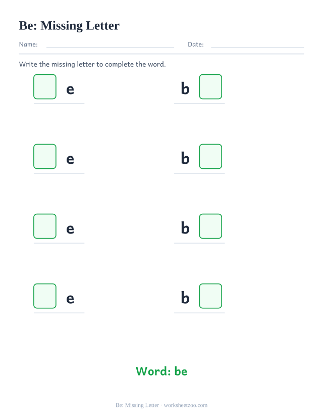 Sight word “be” worksheet, missing letter printable activity