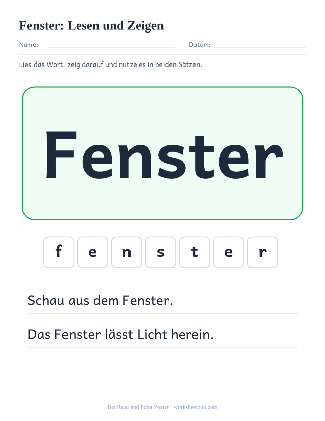 Vorschau: häufiges Wort „Fenster“, Lesen und Zeigen