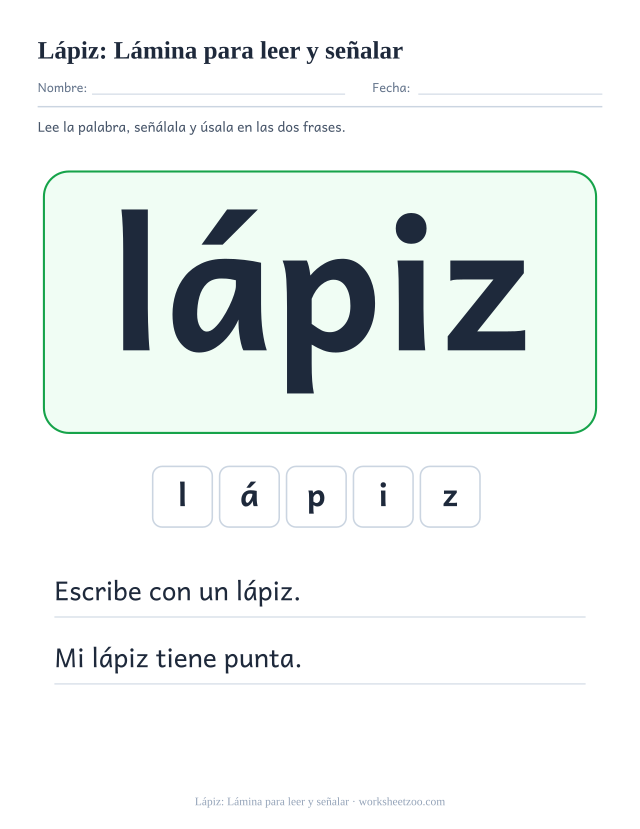 Ficha de la palabra frecuente «lápiz», lámina para leer y señalar para imprimir