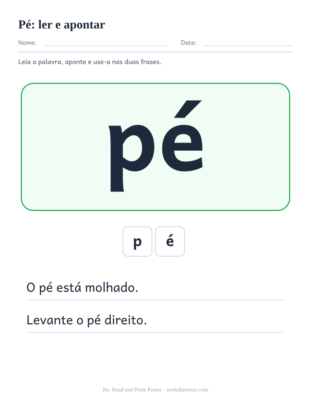 Prévia da palavra frequente “pé”, ler e apontar