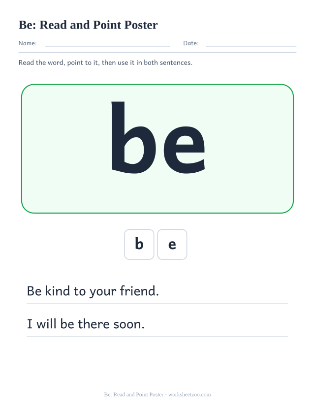 Sight word “be” worksheet, read and point poster printable activity