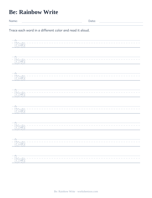 Sight word “be” worksheet, rainbow write printable activity