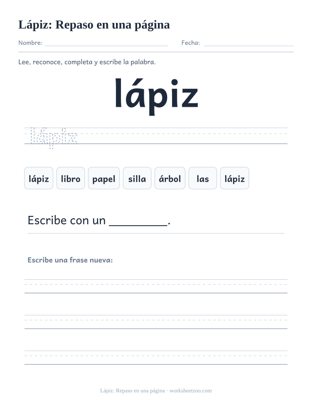 Ficha de la palabra frecuente «lápiz», repaso en una página para imprimir