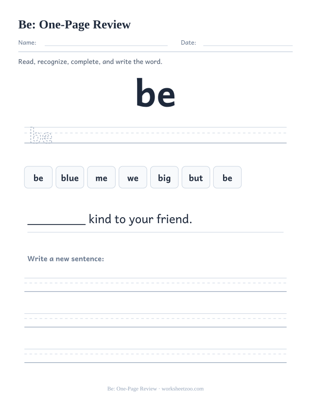Sight word “be” worksheet, one-page review printable activity