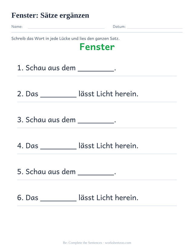 Vorschau: häufiges Wort „Fenster“, Sätze ergänzen