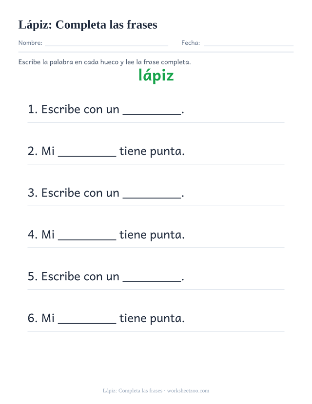 Ficha de la palabra frecuente «lápiz», completa las frases para imprimir