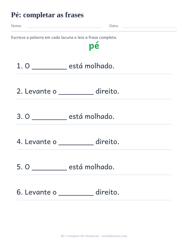 Prévia da palavra frequente “pé”, completar as frases