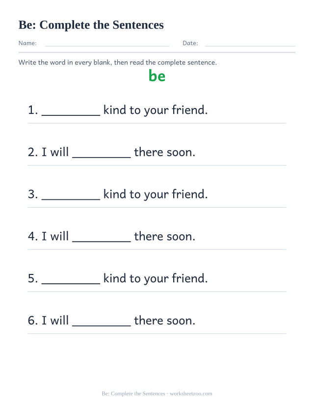 Sight word “be” worksheet, complete the sentences printable activity