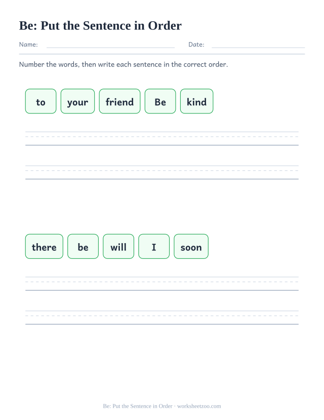 Sight word “be” worksheet, put the sentence in order printable activity