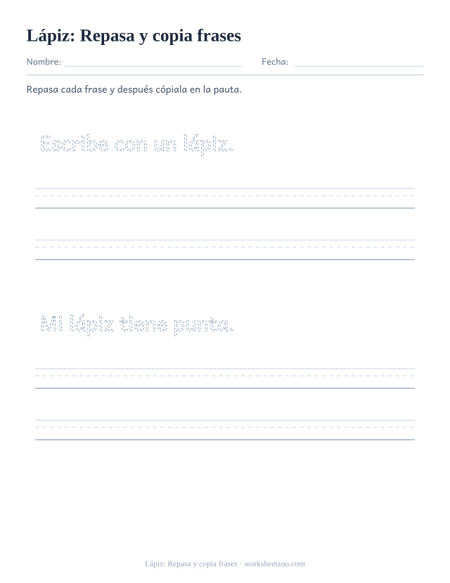 Ficha de la palabra frecuente «lápiz», repasa y copia frases para imprimir