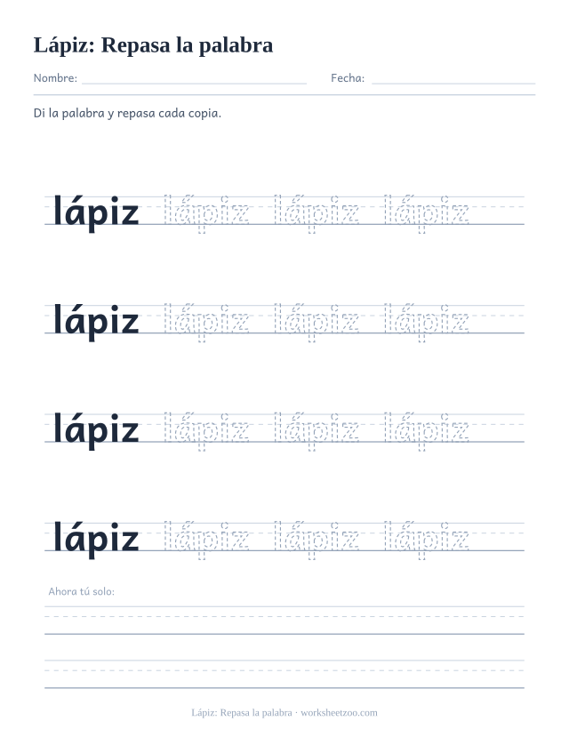 Ficha de la palabra frecuente «lápiz», repasa la palabra para imprimir