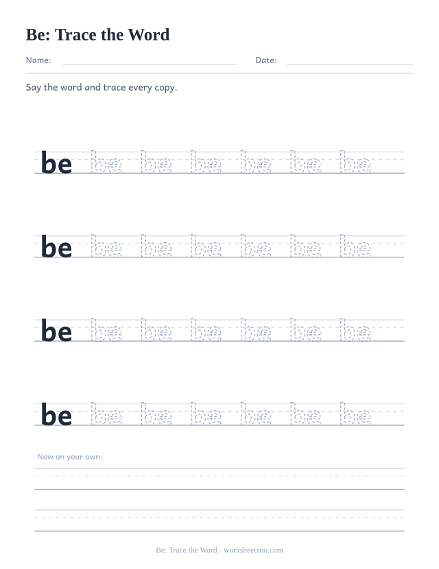 Sight word “be” worksheet, trace the word printable activity
