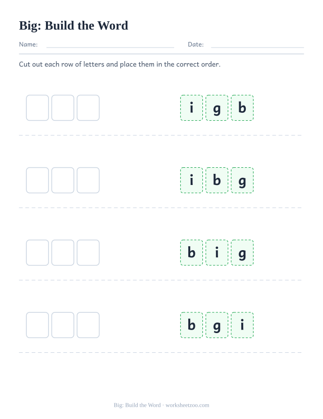 Sight word “big” worksheet, build the word printable activity