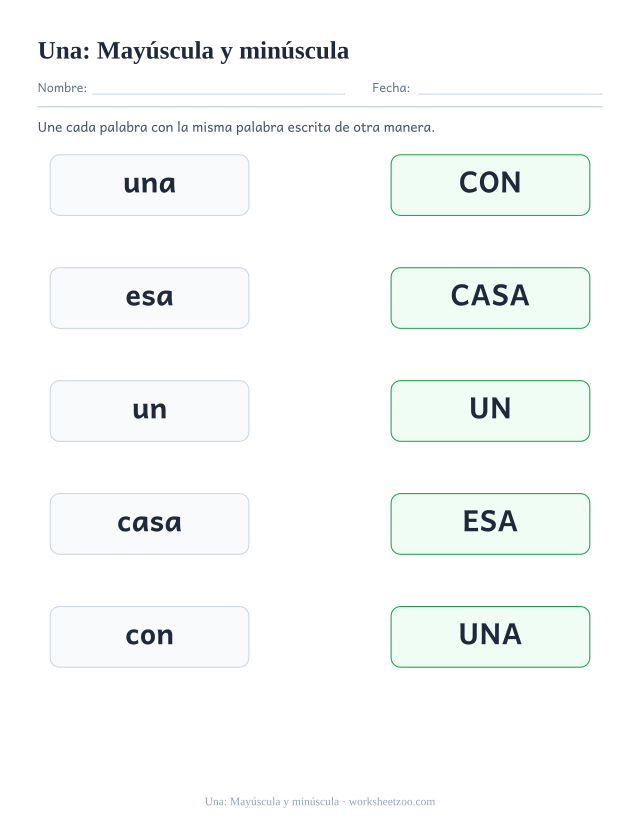 Ficha de la palabra frecuente «una», mayúscula y minúscula para imprimir