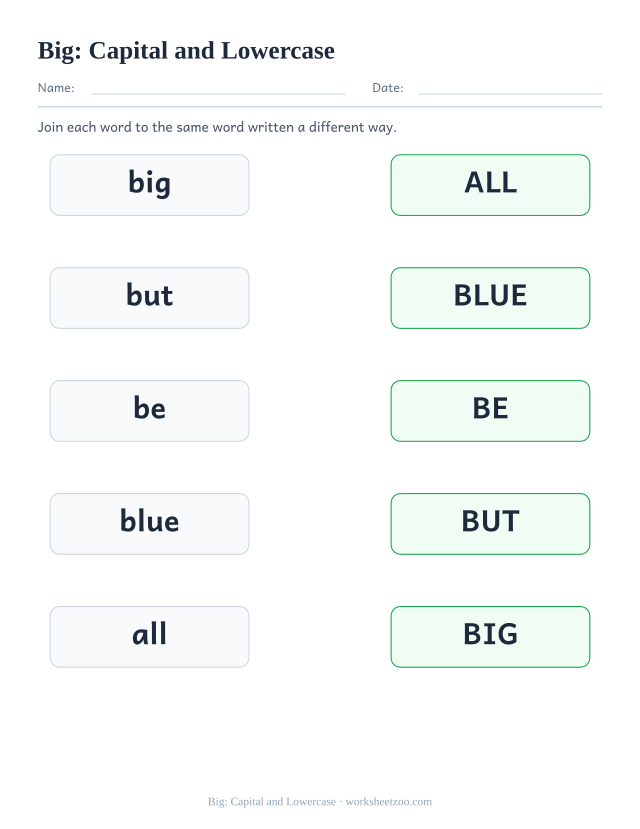 Sight word “big” worksheet, capital and lowercase printable activity