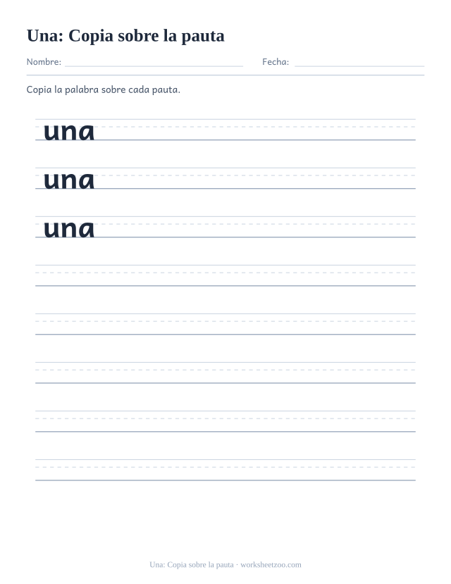 Ficha de la palabra frecuente «una», copia sobre la pauta para imprimir
