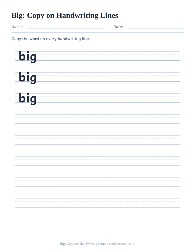 Sight word “big” worksheet, copy on handwriting lines printable activity