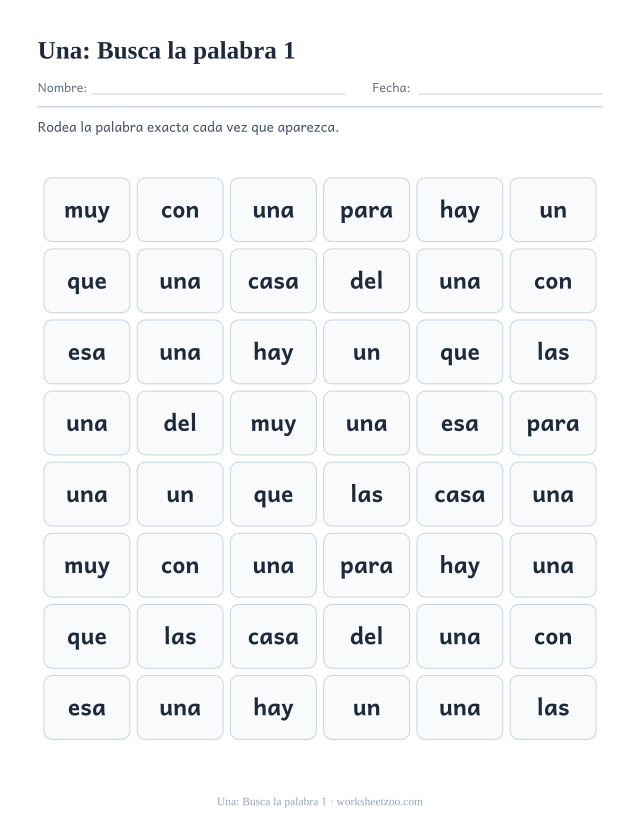 Ficha de la palabra frecuente «una», busca la palabra 1 para imprimir