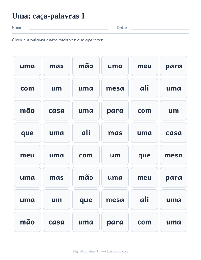 Prévia da palavra frequente “uma”, caça-palavras 1