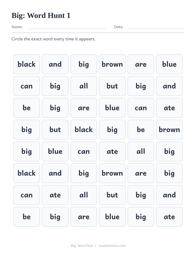 Sight word “big” worksheet, word hunt 1 printable activity