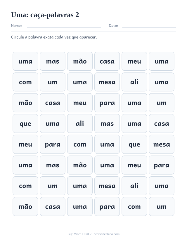 Prévia da palavra frequente “uma”, caça-palavras 2