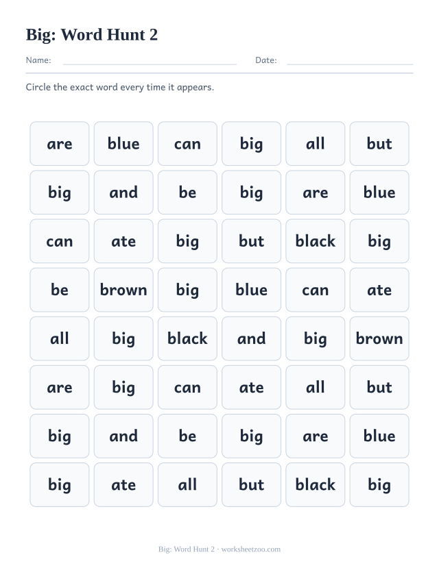 Sight word “big” worksheet, word hunt 2 printable activity