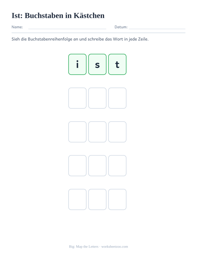 Vorschau: häufiges Wort „ist“, Buchstaben in Kästchen