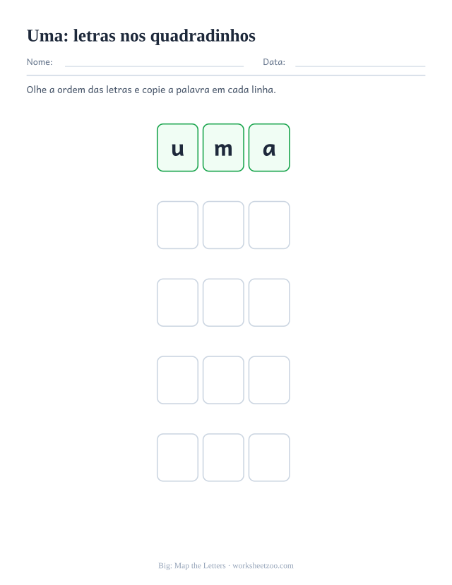 Prévia da palavra frequente “uma”, letras nos quadradinhos