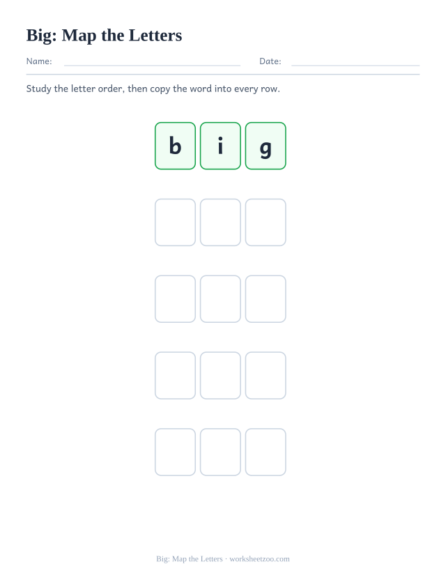 Sight word “big” worksheet, map the letters printable activity