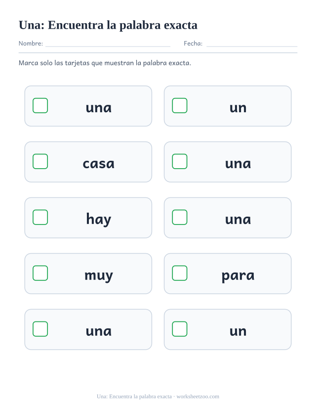Ficha de la palabra frecuente «una», encuentra la palabra exacta para imprimir