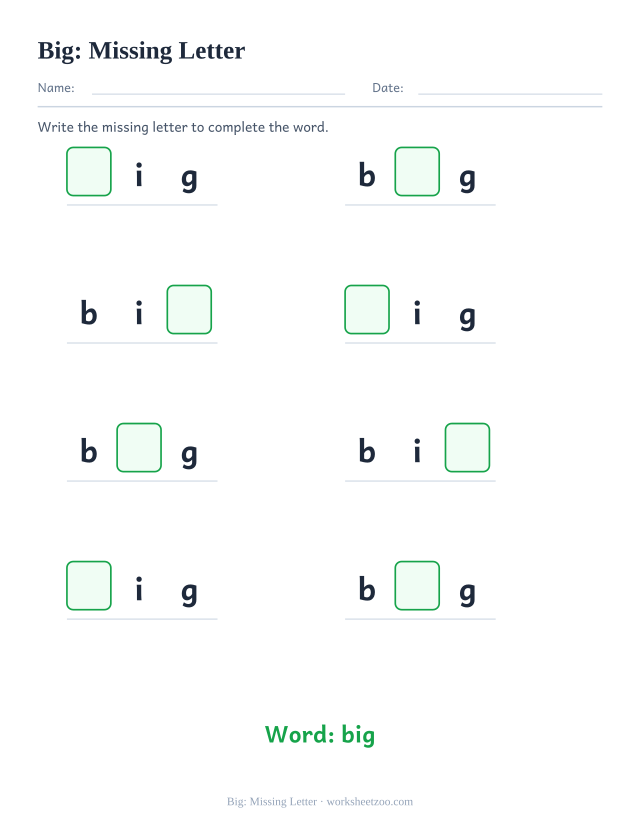 Sight word “big” worksheet, missing letter printable activity