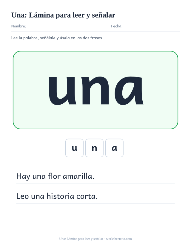 Ficha de la palabra frecuente «una», lámina para leer y señalar para imprimir