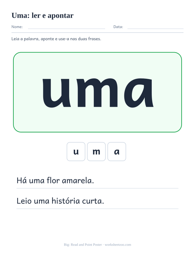 Prévia da palavra frequente “uma”, ler e apontar