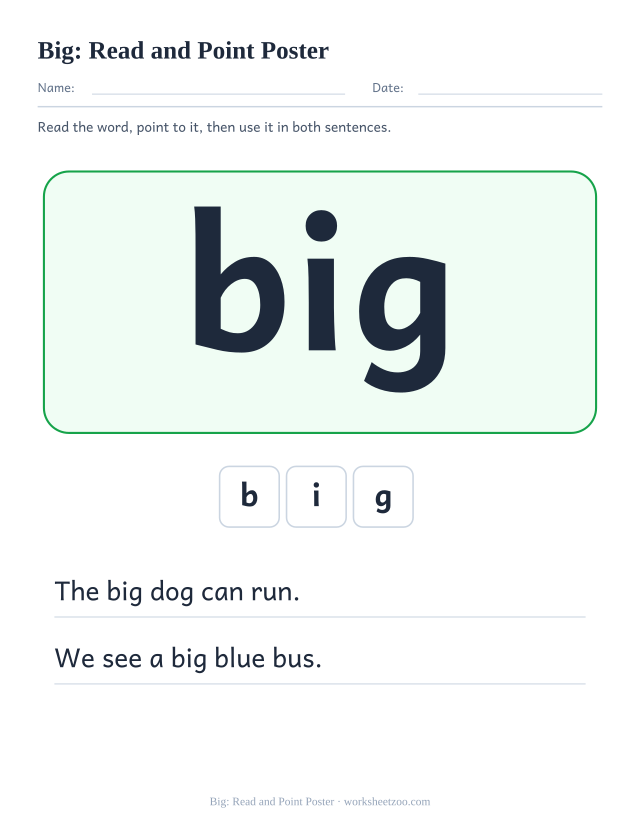 Sight word “big” worksheet, read and point poster printable activity