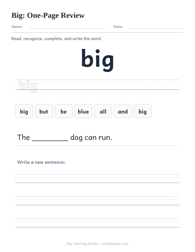 Sight word “big” worksheet, one-page review printable activity