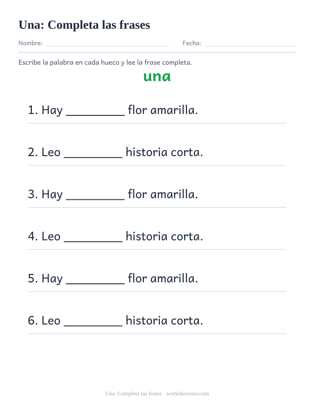 Ficha de la palabra frecuente «una», completa las frases para imprimir