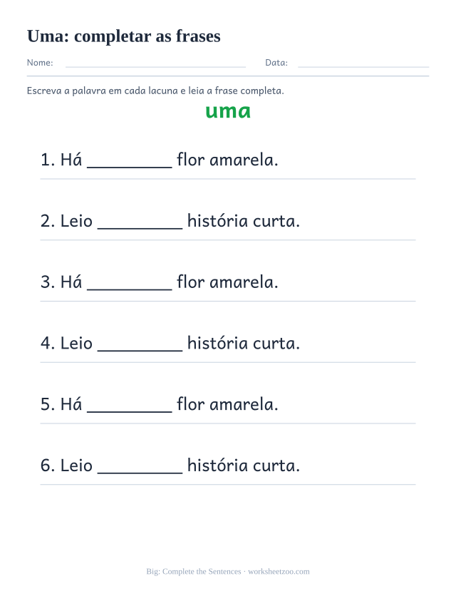 Prévia da palavra frequente “uma”, completar as frases