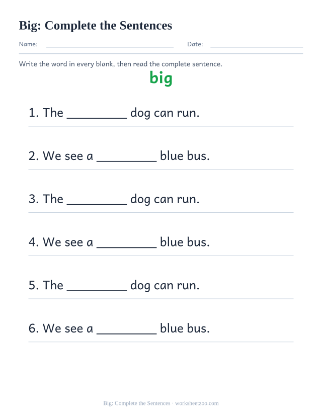 Sight word “big” worksheet, complete the sentences printable activity
