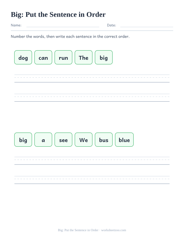 Sight word “big” worksheet, put the sentence in order printable activity