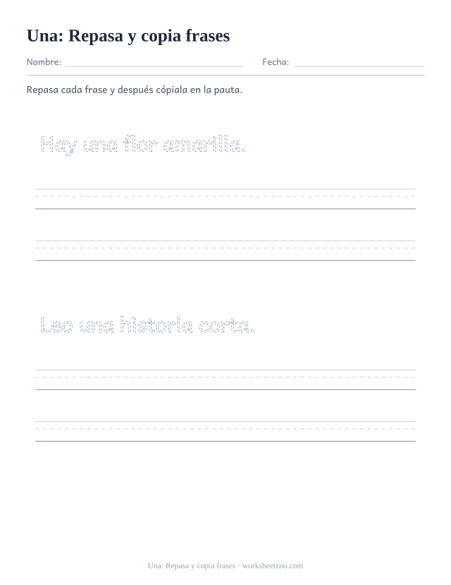 Ficha de la palabra frecuente «una», repasa y copia frases para imprimir