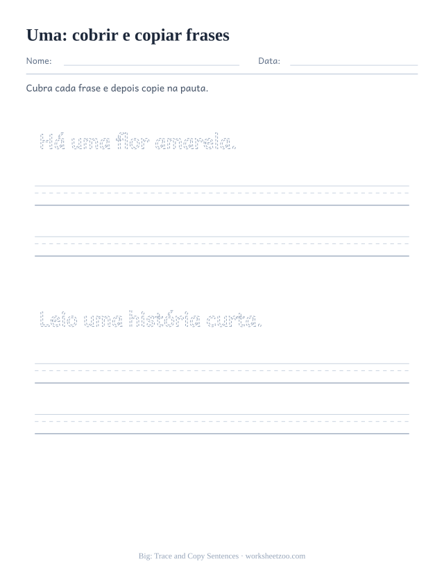Prévia da palavra frequente “uma”, cobrir e copiar frases