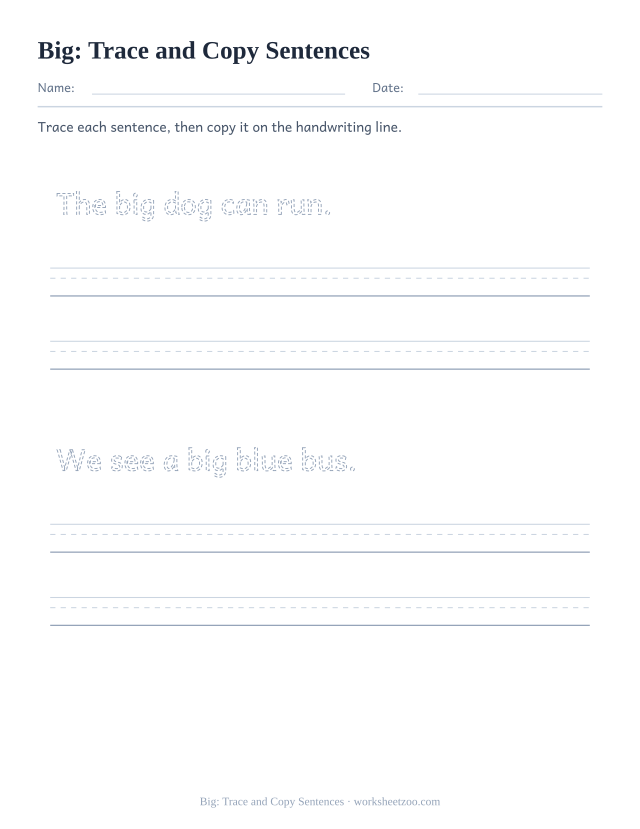 Sight word “big” worksheet, trace and copy sentences printable activity