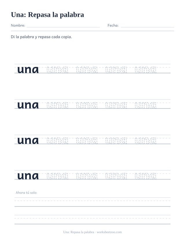 Ficha de la palabra frecuente «una», repasa la palabra para imprimir