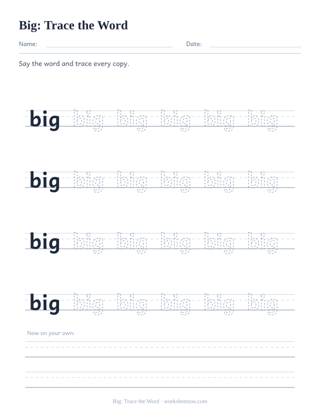 Sight word “big” worksheet, trace the word printable activity