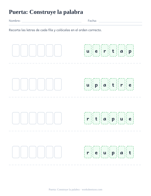 Ficha de la palabra frecuente «puerta», construye la palabra para imprimir