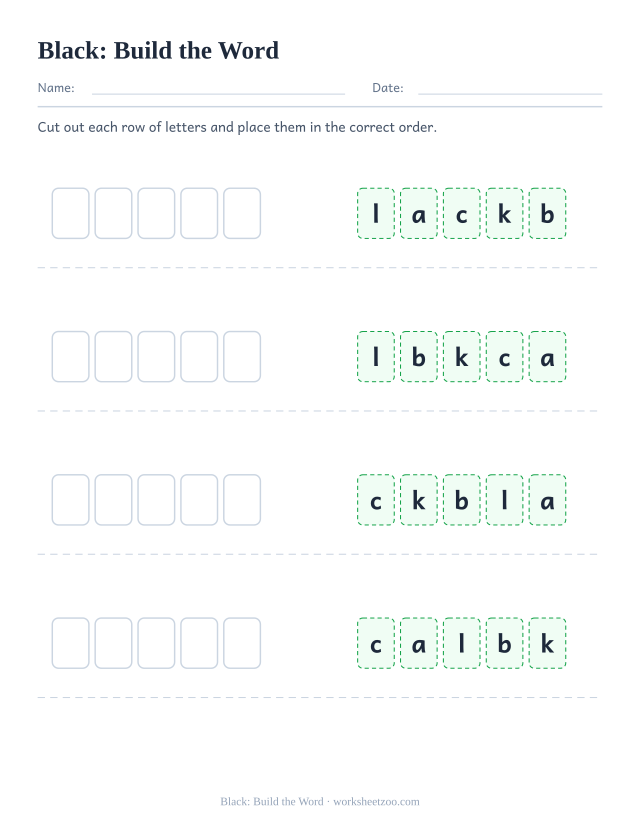 Sight word “black” worksheet, build the word printable activity