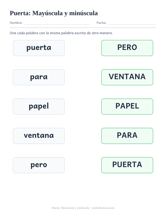 Ficha de la palabra frecuente «puerta», mayúscula y minúscula para imprimir