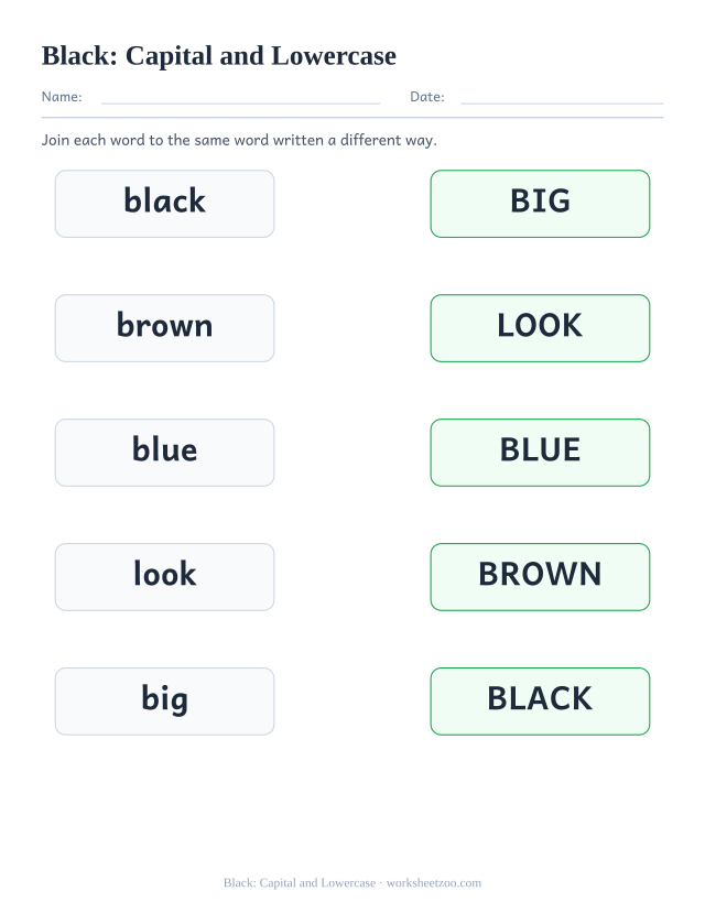 Sight word “black” worksheet, capital and lowercase printable activity