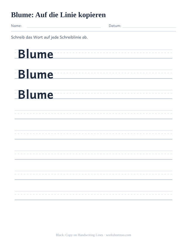 Vorschau: häufiges Wort „Blume“, Auf die Linie kopieren