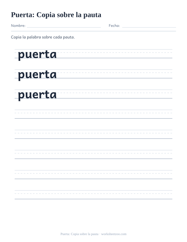 Ficha de la palabra frecuente «puerta», copia sobre la pauta para imprimir